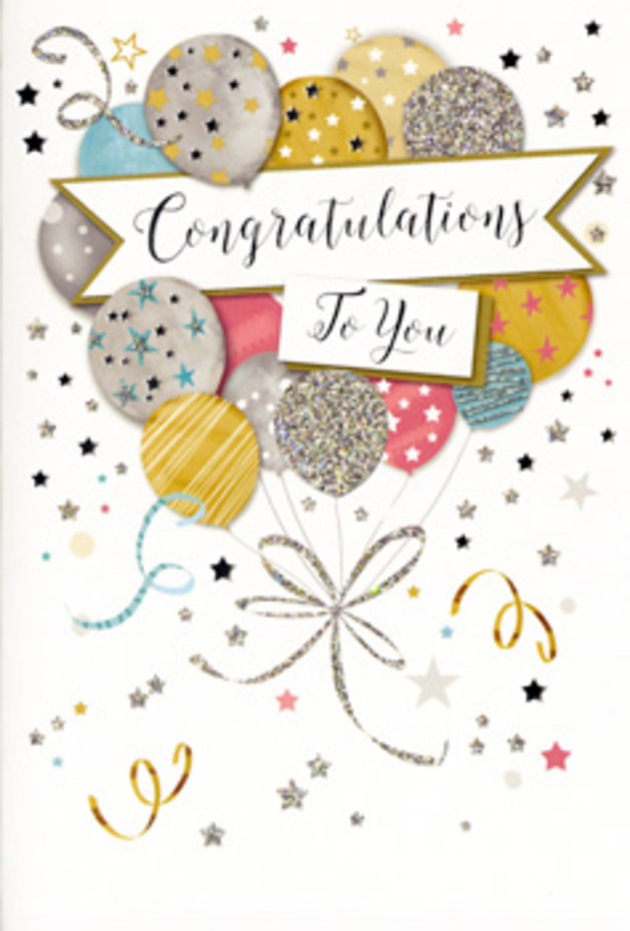 The congratulations card artwork presents a refined and joyful composition, perfectly suited to the relaxed, welcoming character of Hampton Hill. At its centre, a generous cluster of balloons rises in a loose bouquet, their rounded shapes gently pressing together to form a cohesive whole. The colour palette is soft yet distinctly festive: brushed gold, glimmering silver, champagne beige, airy sky blue, blush rose-pink, and dove grey. Each balloon is embellished with its own pattern-some carry slender metallic stripes, others are adorned with scattering stars or sparkles that mimic the look of fine glitter, giving the impression of light reflecting off their surfaces. From the base of the balloon cluster, delicate ribbons in gold and silver twist and curl downward, overlapping like real satin or foil streamers drifting at a celebration in a Hampton Hill dining room. A gracefully unfurled banner stretches across the middle, bearing the words 'Congratulations To You' in flowing, slightly ornate lettering that feels both modern and timeless. The background is pale and uncluttered, yet lively with small metallic stars, dots, and curly lines scattered throughout, echoing the playful scatter of confetti at a party near Hampton Hill's cosy cafés. Overall, the design captures that moment when pride and happiness swell in the room, much like presenting a beautifully arranged bouquet and this card together to honour someone's achievement or milestone.