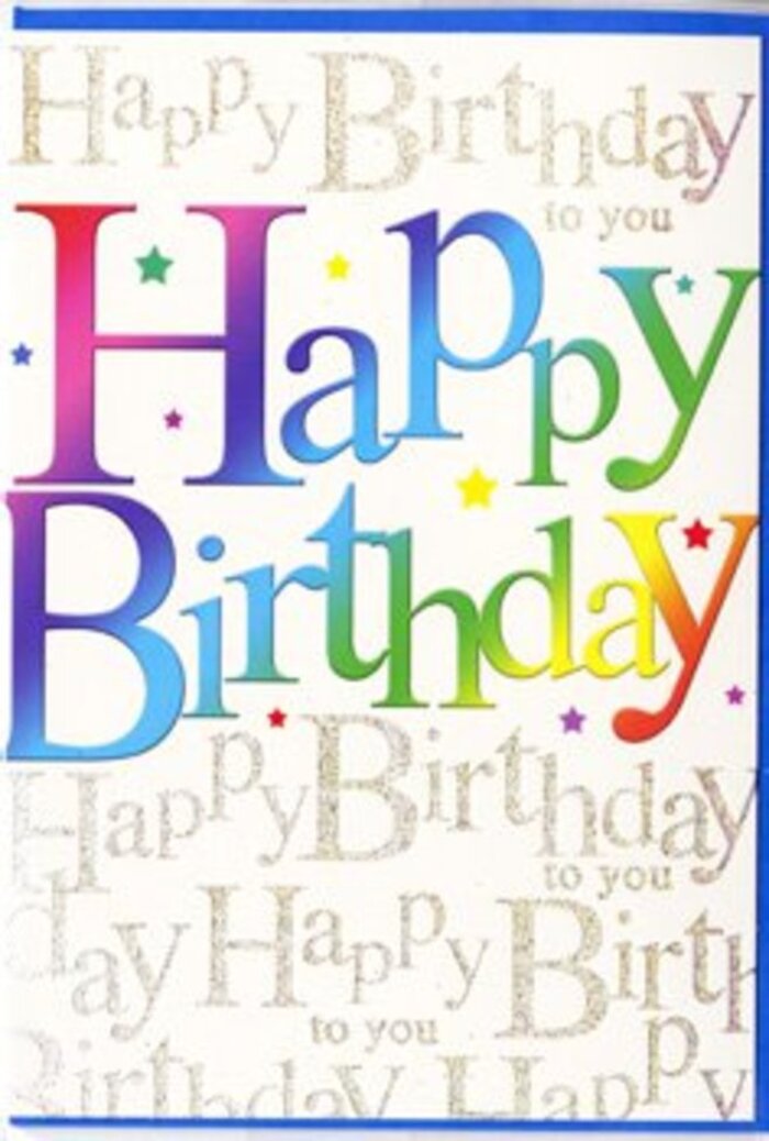 This card's front is a study in joyful design, the kind of piece you might buy in Hampton Hill on your way to a birthday gathering near the edge of Bushy Park. The main message, Happy Birthday, is written in generous, curving letters that look friendly and inviting, spanning almost the entire width of the card. Each letter stands in a different, richly saturated colour: think cherry red, raspberry pink, golden apricot, lemon yellow, spring green, teal and sky blue, all blending softly into one another so there are no abrupt breaks. The progression of colours feels like a walk through a bright flower border, where one bloom's shade gently leads into the next. Set behind this bold, rainbow greeting, the background is intricately patterned with lines of golden script. In a graceful, cursive style, the phrase Happy Birthday to you repeats again and again, forming a shimmering veil of metallic writing. The gold ink appears to catch even the faintest hint of light, creating a scattered sparkle similar to how the afternoon sun glints through leaves along Hampton Hill's residential streets. Despite its complexity, the script remains tastefully subdued, ensuring the eye is first drawn to the colourful central words. The card surface looks smooth and slightly glossy, giving the whole design a polished finish while still feeling warm and personal. Together, the vibrant primary text and the refined golden backdrop create a card that feels both exuberant and lovingly detailed, a perfect companion to a colourful birthday bouquet delivered anywhere around Hampton Hill.