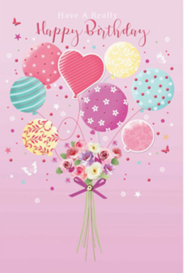 This birthday artwork feels like a daydream gently hovering above Hampton Hill, where balloons and blooms combine into a floating celebration. The background is a calm, rosy pink wash, smooth and unbroken, allowing the viewer's attention to settle on the central design. At the heart of the illustration, a cluster of pastel balloons rises in a loose bouquet, as if caught in a soft gust of wind. Round and heart-shaped balloons overlap, each one finely detailed with its own cheerful pattern: candy-coloured stripes that spiral jauntily, playful polka dots that dance across the surface, and swirling lines that mimic the movement of ribbons fluttering outside a party venue on Woodland Gardens. The colours are gentle yet bright-soft pinks, seafoam greens, buttery yellows, and hints of lavender blending together like early evening light. Tethered to this airy cluster is a hand-tied bouquet at the bottom of the image. Petite roses and dainty, daisy-like flowers gather closely in shades of cream, blush pink, and muted mauve, their petals carefully shaded to convey depth and velvety softness. The stems are bound by a shining purple bow, whose satin texture and neatly tied loops give the piece a sense of considered craftsmanship, as though arranged by an experienced Hampton Hill florist. Around the balloons, tiny butterflies and twinkling star motifs hover, adding a whisper of enchantment and the suggestion of wishes being made. The entire composition exudes warmth, optimism, and the gentle excitement that comes with celebrating a birthday, turning the illustration into more than just a card-it feels like a treasured moment captured in pastel.