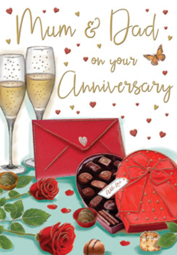 This beautifully rendered anniversary card captures the sense of an intimate celebration for Mum & Dad, much like those enjoyed in the welcoming homes around Hampton Hill and Bushy Park. At the heart of the artwork, two large red roses rest gracefully on a flat surface. Their petals are depicted in sumptuous layers of crimson, with soft shading that gives each bloom impressive depth and a velvety, almost fragrant presence. Clusters of deep green leaves frame the flowers, their slightly curved shapes adding a natural, hand-arranged feeling, as if they've just been laid down by a careful florist. Beside the roses sits an open heart-shaped box, lined with tempting chocolates. The truffles are neatly positioned in rows, some darker, some lighter, each with subtle highlights that make them look rich and glossy. The box is wrapped with a wide scarlet ribbon tied into a generous bow, the arcs and tails of the ribbon flowing elegantly across the lid, suggesting movement and softness. A couple of chocolates have slipped onto the table, suggesting that the celebration has already begun. Behind this inviting scene stand two slender champagne flutes, almost touching, their clear glass filled with pale gold fizz. Fine trails of bubbles rise delicately within each glass, capturing the moment just before a toast. Surrounding the central motif, small hearts in shades of red and gold dance across a light background, encircling the lovingly handwritten dedication to Mum & Dad. In front, a rich red envelope lies closed, clearly holding heartfelt words. The overall composition radiates warmth, joy, and the comfort of long-lasting love, perfectly suited to an anniversary evening in Hampton Hill after a thoughtful flower and card delivery.