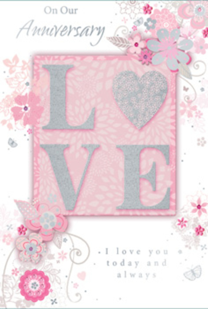 Opening this anniversary card feels like stepping into a sunlit room in Hampton Hill where love is celebrated in everyday rituals-fresh flowers on the table, favourite mugs, warm conversation. The central motif is the word LOVE, rendered in elegant, frosted glitter that rises subtly from the surface, giving a pleasing texture under the fingertips. The glitter catches the light in a soft shimmer rather than a harsh sparkle, more like sunlight reflecting off a river than stage lights. Surrounding this word, wispy, hand-drawn blooms trail along the borders, their petals in shades of pink, lilac, and creamy ivory that mingle harmoniously, as if gathered from a pastel-toned bouquet. Slender stems, tiny clusters of leaves, and airy sprays of blossoms weave together, echoing the artistry of a local Hampton Hill florist thoughtfully twisting stems into a hand-tied anniversary arrangement. Gentle filigree lines and nearly hidden butterflies add layers of discovery, revealing themselves slowly as the card is held closer, much like spotting tiny buds in a garden near Hampton Hill's High Street. The background is a muted blush, smooth and velvety, offering a calm backdrop that lets the floral details breathe. Nestled among the illustrations is the simple yet powerful phrase, I love you today and always, printed in understated, graceful type. The script flows naturally, like a trailing vine or a ribbon curling over gift wrap. Overall, the card feels like a quiet, heartfelt bouquet expressed on paper-romantic, sincere, and composed with the same care that goes into an anniversary delivery arranged locally for someone special.