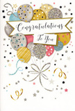 This congratulations card illustration offers a gentle burst of celebration, like stepping into a sunlit Hampton Hill home just as guests begin to arrive. The main element is a bouquet of rounded balloons, gathered closely so they appear to be gently floating upward together. Their colours blend harmoniously-soft gold and silver, warm champagne, light sky blue, delicate blush pink, and subtle grey-creating a refined yet joyful palette. Each balloon has its own detail: fine stripes catching the imaginary light, tiny scattered stars, or shimmering flecks that suggest a dusting of glitter. From the base of the cluster, slim metallic ribbons in gold and silver stream downward in elegant curls, evoking the feel of luxurious party decorations hung with care. A wide banner sweeps across the middle of the balloons, carrying the greeting 'Congratulations To You' in graceful script that communicates sincere admiration and joy. Surrounding the central design, the pale background is sprinkled with miniature stars, confetti-like dots, and swirling accents in coordinating metallic tones, adding movement and a sense of occasion without overwhelming the scene. The overall impression is one of polished, uplifting festivity, the sort of card you would naturally pair with a fresh bouquet delivered across Hampton Hill to celebrate a graduation, promotion, new home, or any moment of well-earned pride.