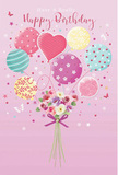 A whimsical birthday celebration is captured in this illustration, where pastel balloons and a small bouquet rise together against a soft blush pink background, reminiscent of a quiet evening sky above Hampton Hill. The composition draws the eye to a central cluster of balloons, some perfectly round and others charmingly heart-shaped, all gathered as if tied to the flowers below. Each balloon carries a unique design: some are wrapped in candy-striped ribbons of mint, lemon, and lilac, while others sparkle with playful polka dots or gentle swirling patterns. The colours-rose pink, sea green, lavender, and pale sunshine yellow-blend harmoniously, giving the impression of calm joy and light-hearted fun, like a birthday picnic in nearby Bushy Park. Anchoring this airy cluster is a hand-tied bouquet of delicate blooms at the base. Small roses and anemone-like flowers press closely together, painted in creamy ivory, blush, and soft mauve, their layered petals conveying a plush, velvety texture. The bouquet is gathered with a violet satin bow, the ribbon loops gleaming slightly as though catching natural light in a Hampton Hill shop window. Around the design, fine details of tiny stars and fluttering butterflies add a hint of fairy-tale magic, as if wishes and laughter are floating in the air. You can almost imagine the soft, sweet fragrance of the blossoms and the gentle rustle of the balloon ribbons. The overall mood is tender, festive, and uplifting, perfectly suited to sharing birthday joy with someone you want to make feel cherished and celebrated.