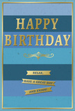 This birthday card captures a mood of relaxed celebration through its carefully balanced palette of blues and gold, the sort of tasteful design you might select from Flower Delivery Hampton Hill for a thoughtful local surprise. The background is made up of wide horizontal stripes, each a distinct shade of blue, shifting gradually from a deep, almost midnight navy at the top through mid-toned denim and soft teal, down to a light sky blue at the bottom. These calm, cool tones resemble layered horizons, adding a sense of quiet depth. Centered on this backdrop, the phrase HAPPY BIRTHDAY is embossed in large, capital letters of glowing gold. The raised lettering reflects light in a gentle, measured way, giving the card a sense of significance without overwhelming the eye. Just beneath, an elegant golden flourish sweeps across the design, adding a subtle hint of old-world charm. Below the flourish, three slim gold banners are arranged neatly in a row; together they carry the message Relax, have a great day and enjoy!, each worded line separated yet visually connected by the continuity of the metallic finish. A narrow gold frame traces the outer edge of the card, containing the composition like a picture frame. The blue surface appears matte and smooth to the touch, while the gold details are glossy and gently embossed, inviting fingertips to follow their contours. You can easily imagine this card standing beside a vase of freshly arranged birthday flowers in a Hampton Hill home, catching the soft indoor light and quietly conveying warm, unhurried birthday wishes.
