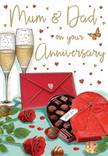 The scene on this anniversary card is illustrated with the kind of loving detail that makes it easy to imagine a cosy Hampton Hill celebration at home. In the foreground rest two sumptuous red roses, their petals rendered with layered curves and soft gradients of crimson that suggest a velvety touch. These roses are cradled by dark green leaves that fan gently outward, providing a natural frame that feels as though the stems have just been trimmed and placed down by a florist who knows their craft. Next to the blooms, a heart-shaped box of chocolates sits open, revealing a neat selection of plump truffles, each with its own delicate highlight that hints at a smooth, rich shell. The box is elegantly wrapped in a wide red ribbon and oversized bow, the loops and trailing ends drawn with a satin-like finish that reflects the light. A few chocolates have escaped the box, resting casually on the tabletop, suggesting easy sharing. Just behind, two champagne flutes rise side by side, filled with pale golden sparkling wine. The slender stems, clear glass, and fine streams of bubbles lend the scene a sense of refined celebration, as though a toast is about to mark another cherished year together. Around the central arrangement, tiny crimson and gold hearts float across a soft background, gently framing the affectionate, handwritten dedication to Mum & Dad. At the front, a scarlet envelope lies slightly slanted, sealed and ready to reveal personal words. The whole image radiates warmth, tenderness, and the quiet joy of marking an anniversary with flowers, chocolates, and shared memories in a Hampton Hill home.